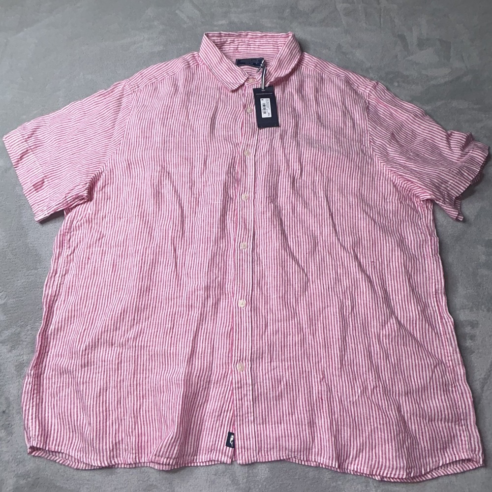 Vineyard Vines 100% Linen Shirt Mens XXL Pink Vertical Stripes Short Sleeve NWT